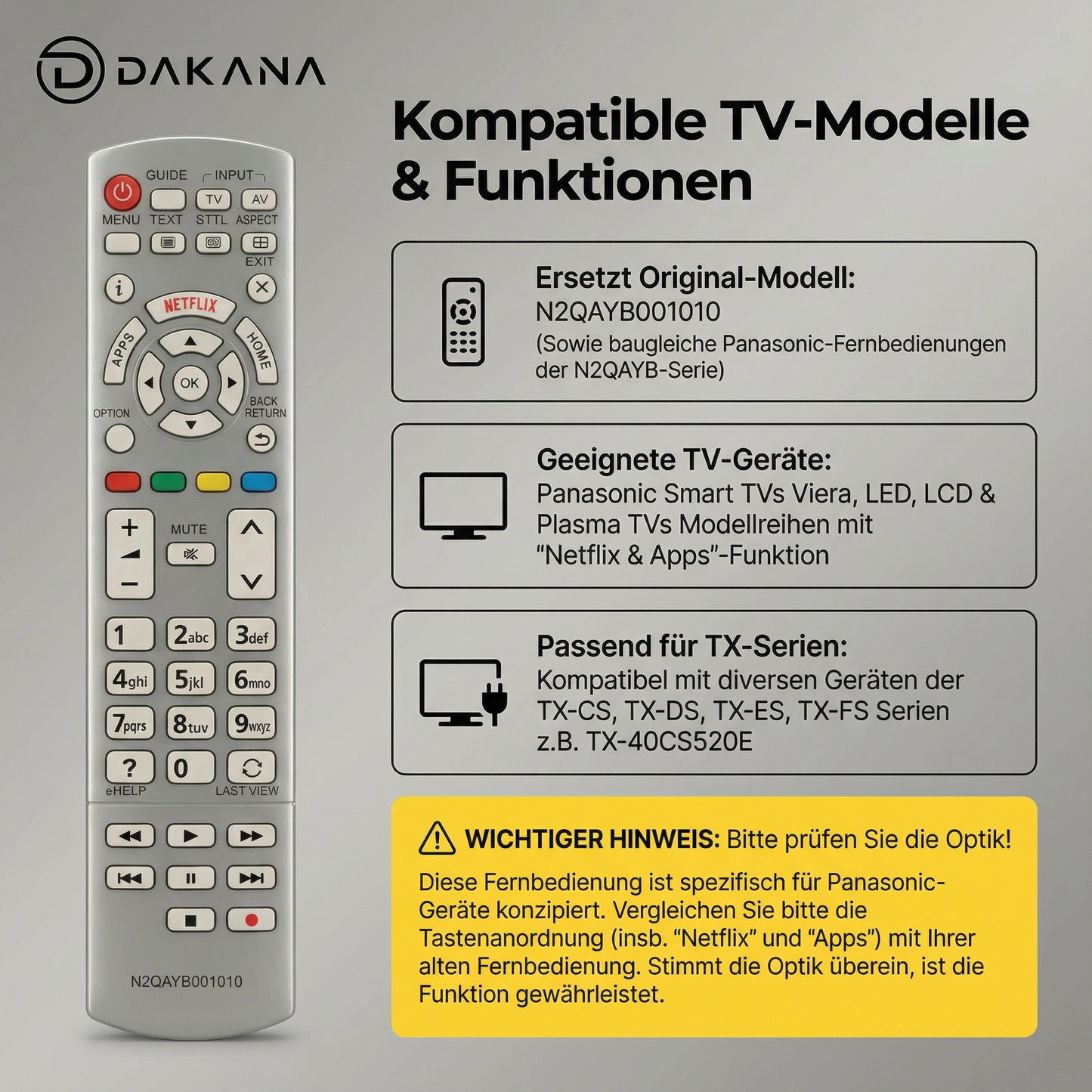 Dakana Fernbedienung für Panasonic N2QAYB001010